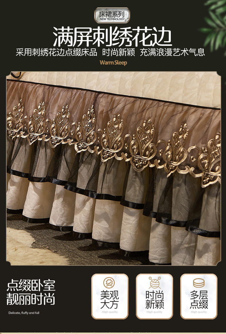 A set of three sheer bed skirts and pillowcases featuring gold embroidery and a warm sleep theme.