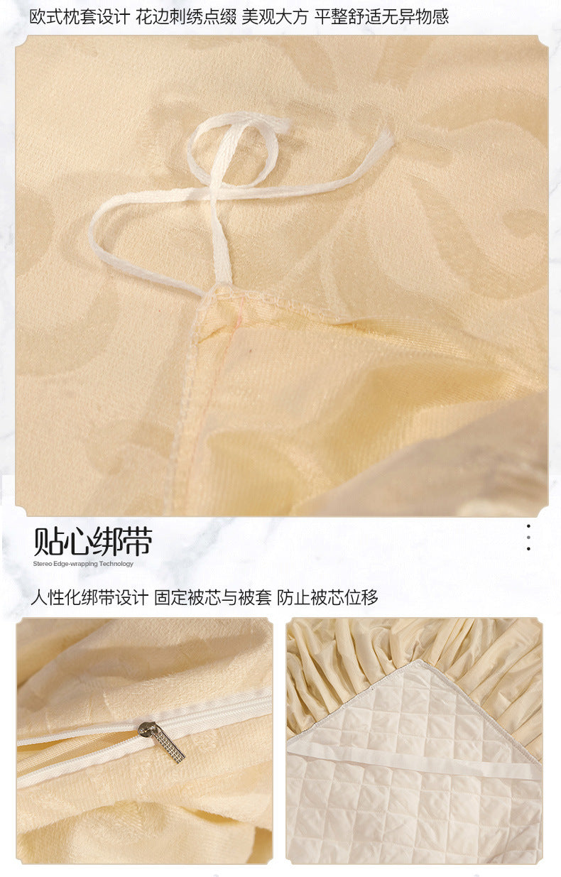 Close-up of a light yellow fabric bed skirt set with decorative stitching and a quilted fabric detail.