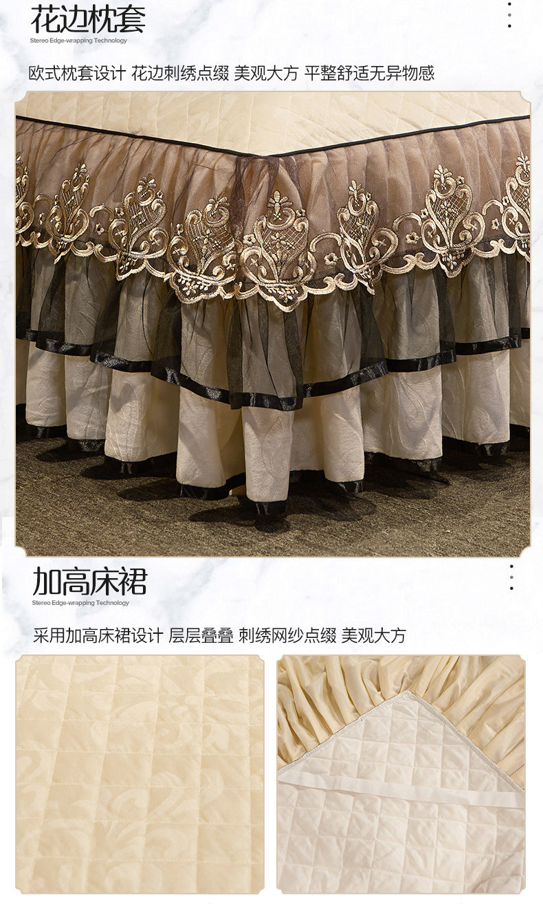 A tiered beige and gray fabric bed skirt set with decorative lace trim