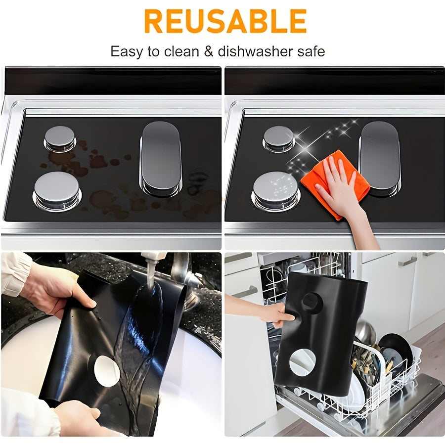 Reusable gas stove protector liner shown being used to protect a cooking surface.