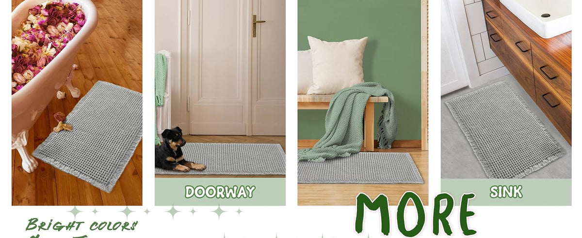 A collection of gray waffle design non-slip bathroom mats shown in various contexts like a doorway, on a sink, and next to a 