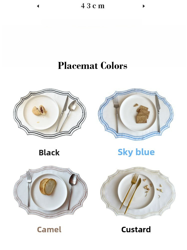 Four placemat colors shown: Black, Sky blue, Camel, and Custard.