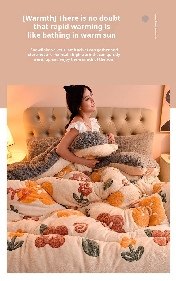 A cozy bed scene featuring a plush double-sided fleece blanket with velvet finish in warm, earthy tones.