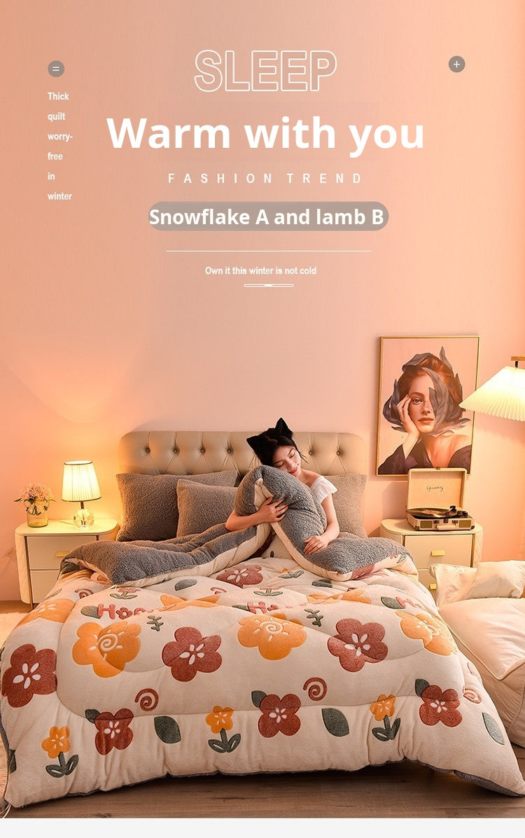 A cozy bedroom scene featuring a plush fleece blanket with floral patterns on a bed.