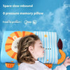 A child rests their head on a blue and orange memory pillow designed for slow rebound and pressure relief.