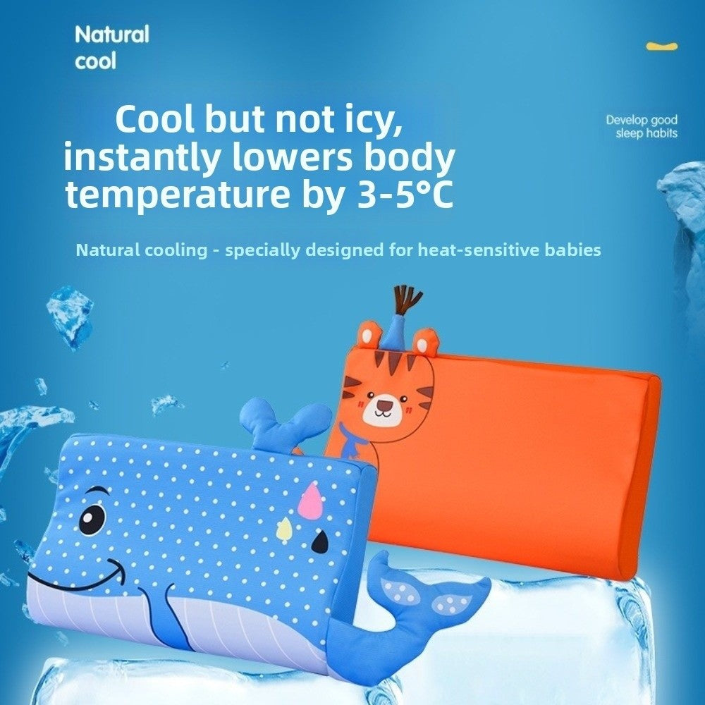 An orange memory foam neck pillow shaped like a tiger is shown next to a blue dolphin pillow on ice.