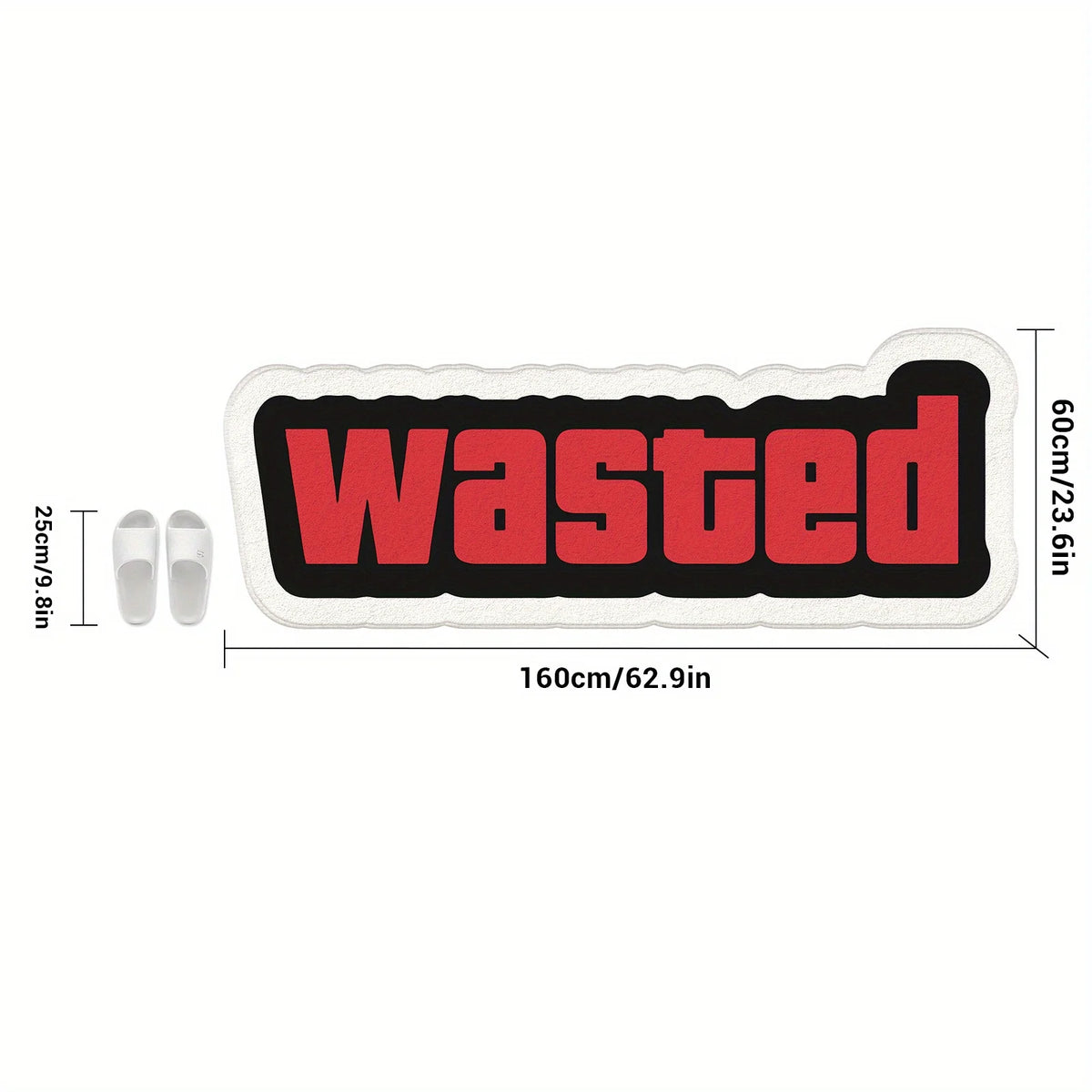 A black and red letter doormat with the word WASTED in bold lettering, measuring 160cm long and 60cm high.