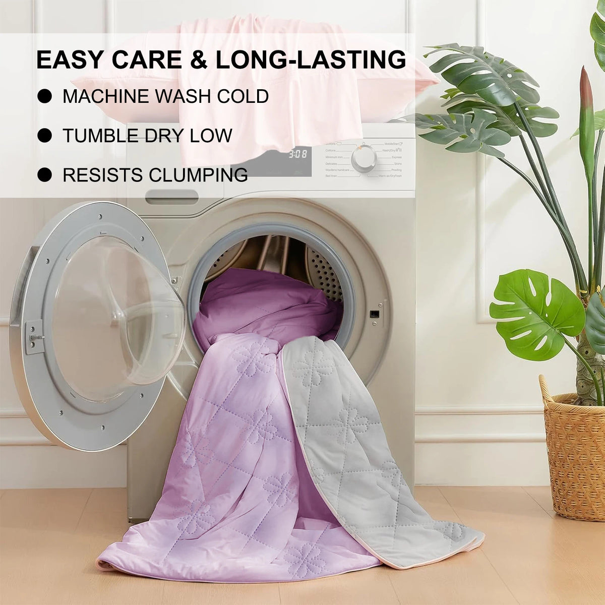 A purple and gray cooling breathable blanket is shown inside a washing machine drum.