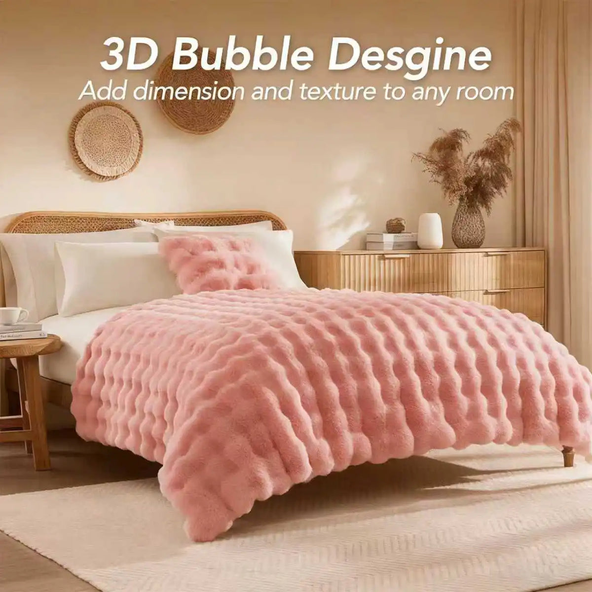 A pink plush faux fur bubble blanket is displayed on a bed, adding texture to the room.