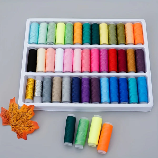 A white tray filled with various colors of durable polyester sewing thread spools.