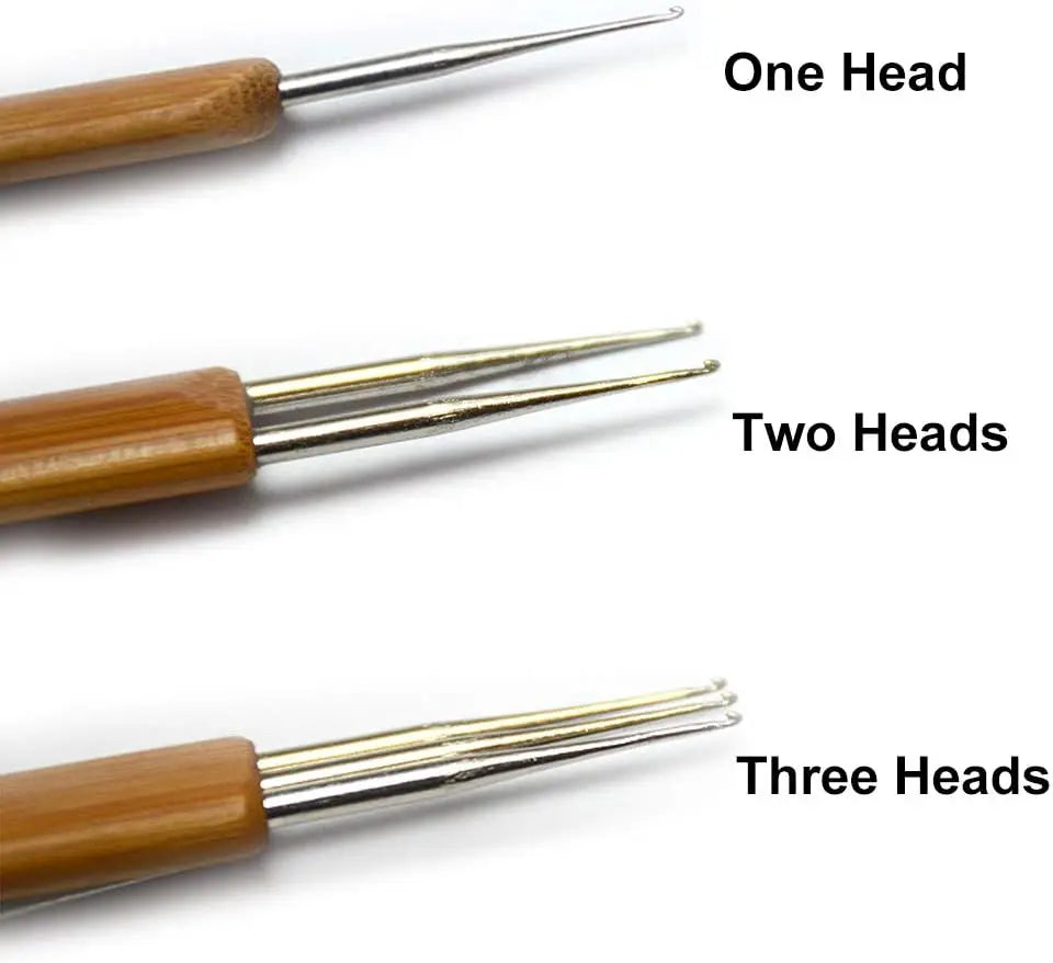 A set of three wooden crochet hooks with metal tips shown in different configurations: one head, two heads, and three heads.