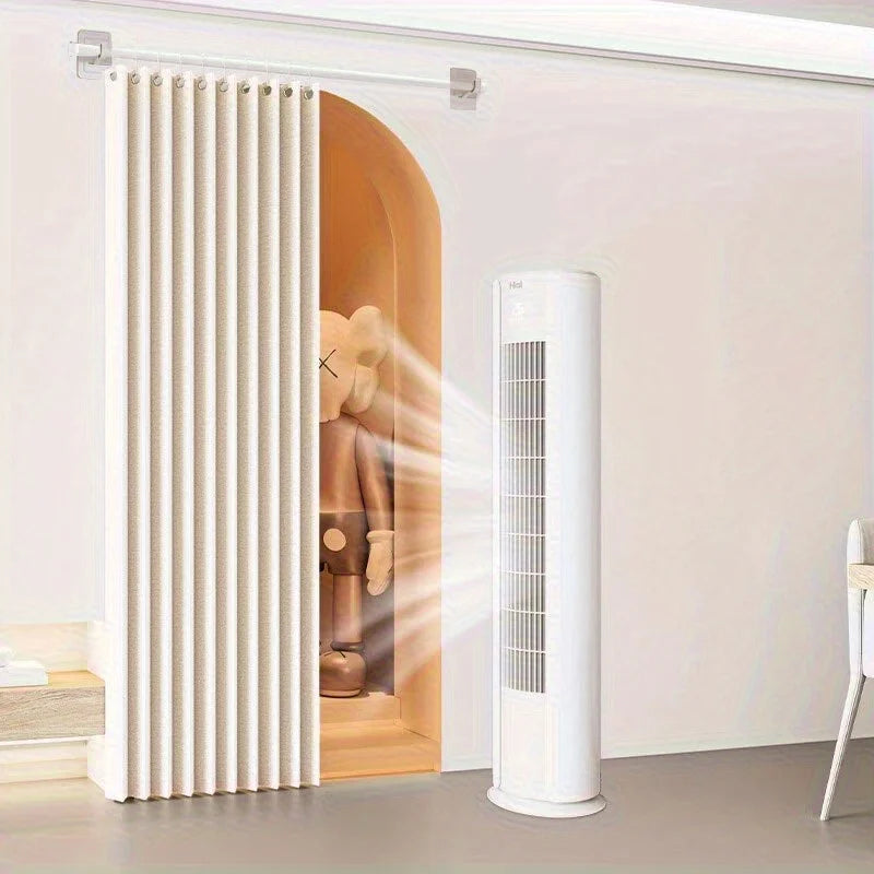 A white folding privacy curtain is installed in a doorway, allowing light to pass through.