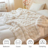 A fluffy white faux fur blanket is draped over a bed, with icons indicating its use in bedroom, couch, car, and camping.