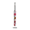 A silver crochet knitting hook with a colorful, floral-patterned handle.