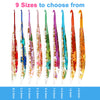 A set of nine floral patterned epoxy crochet hooks shown in various sizes and colors.
