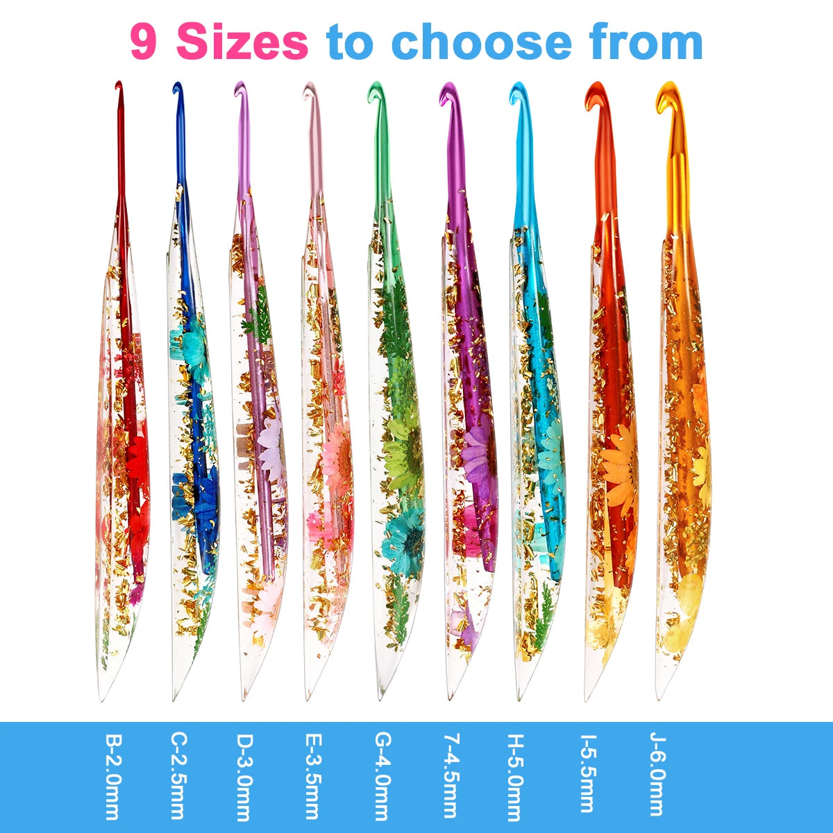 A set of nine floral patterned epoxy crochet hooks shown in various sizes and colors.