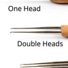 A set of dreadlock crochet hooks showing options for one, double, and three heads.