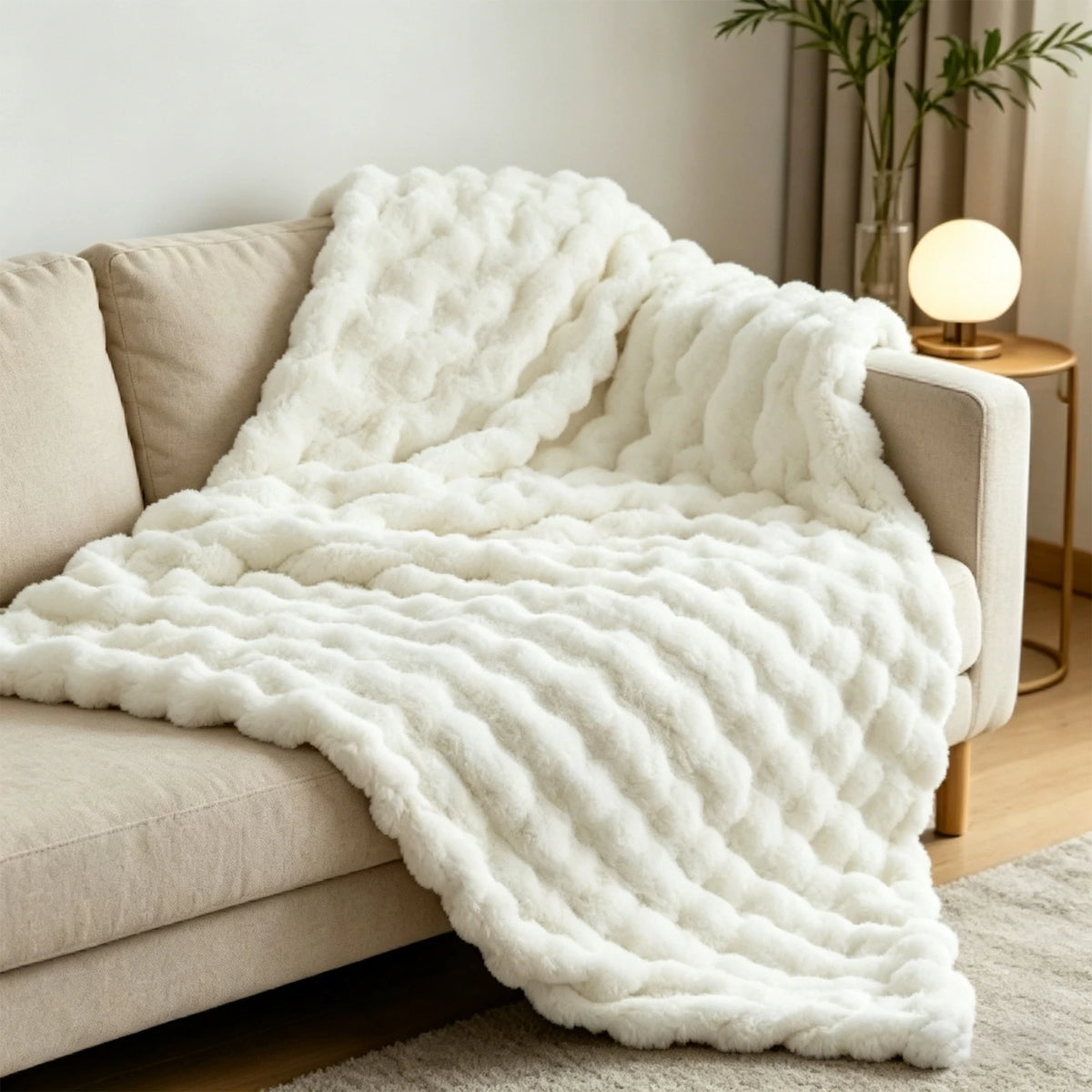 A fluffy white faux fur blanket draped over a light-colored sofa.