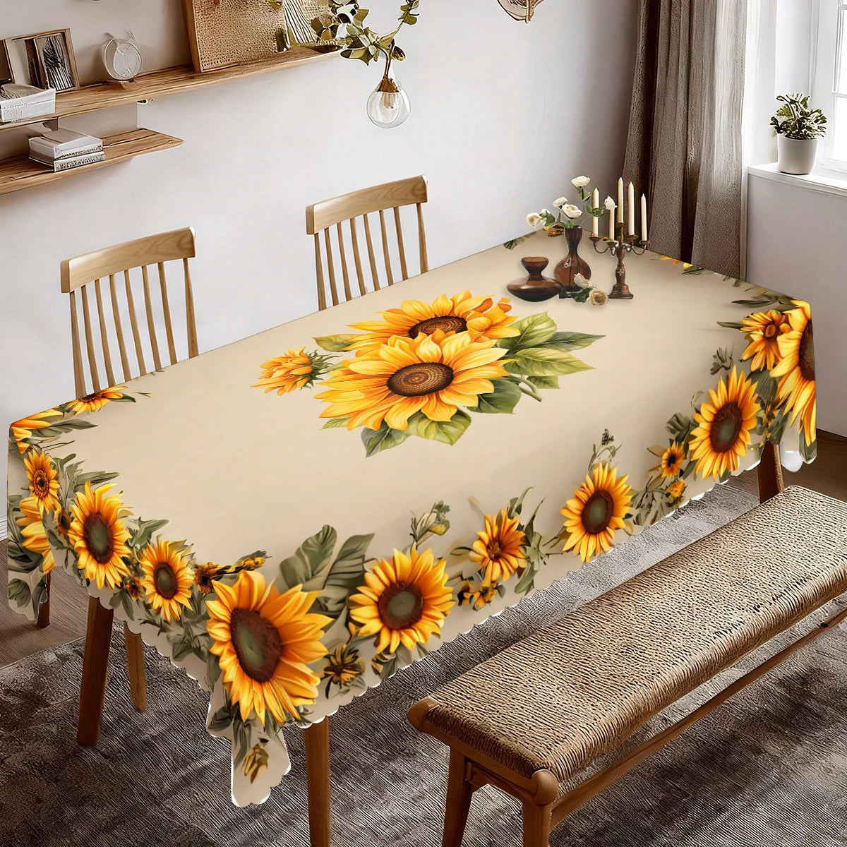 A long table covered with a yellow sunflower floral waterproof tablecloth set on a wooden dining table.