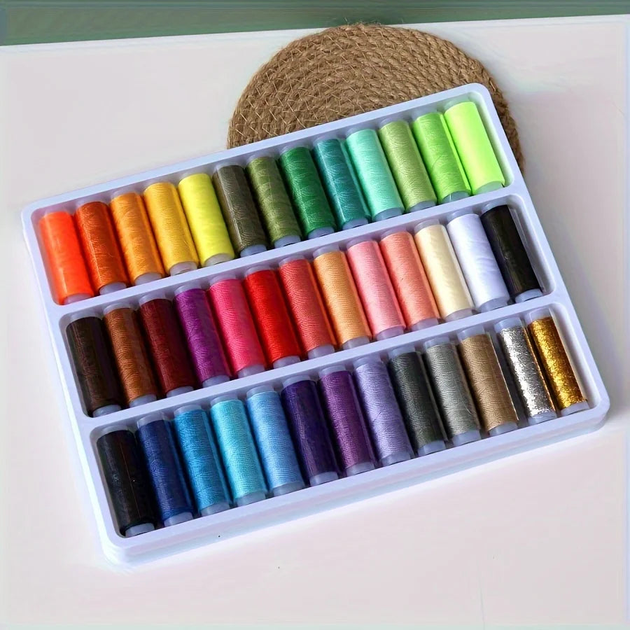 A plastic box filled with various colors of durable polyester sewing thread, resting on a light surface.