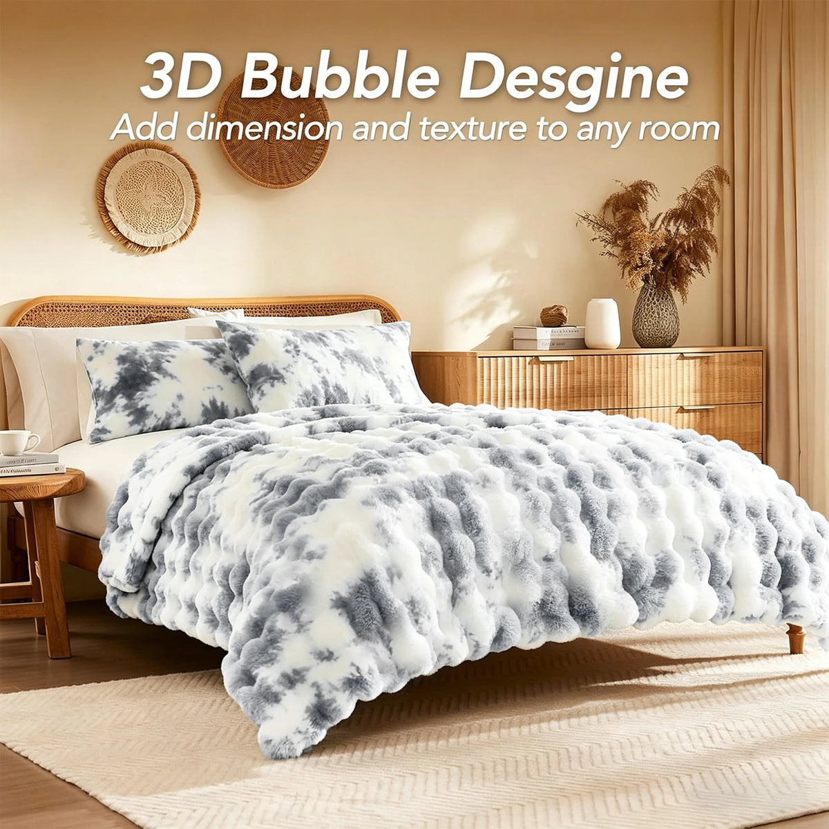 A fluffy gray and white faux fur bubble blanket is displayed on a bed, adding texture to a bedroom setting.