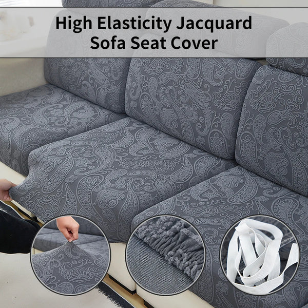 Gray high elasticity jacquard sofa seat cover featuring an ornate pattern and white ties