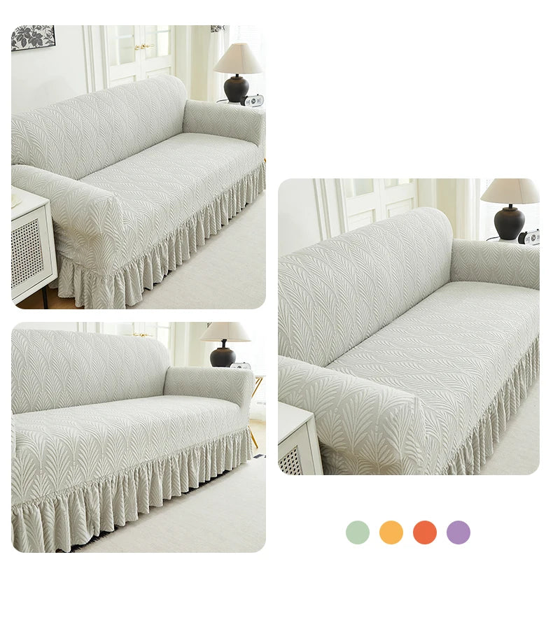 A light gray sofa cover featuring a textured fabric and a ruffled hem, shown in various angles.