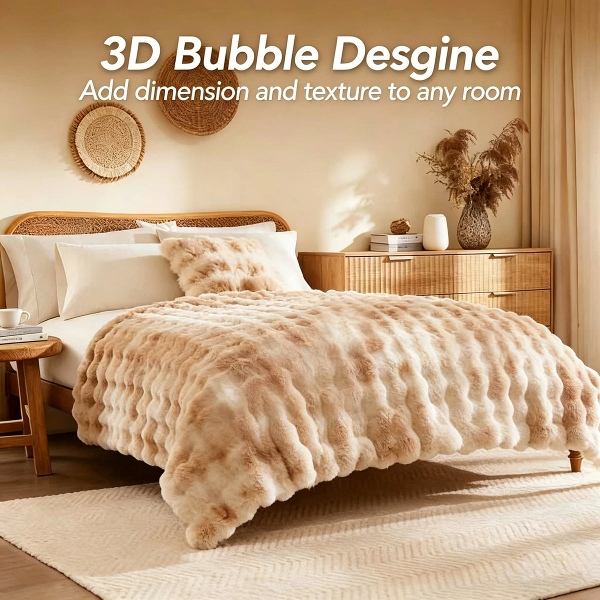 A fluffy beige faux fur bubble blanket is draped over a bed in a bright room.