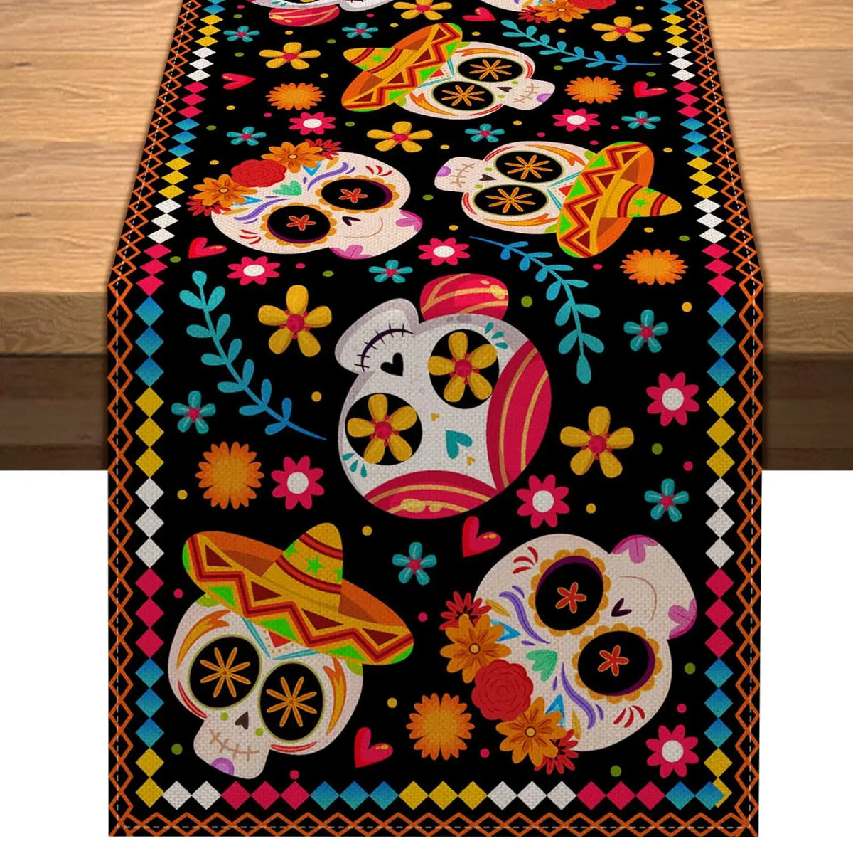 A vibrant Day of the Dead sugar skull linen table runner featuring colorful skulls and floral patterns.