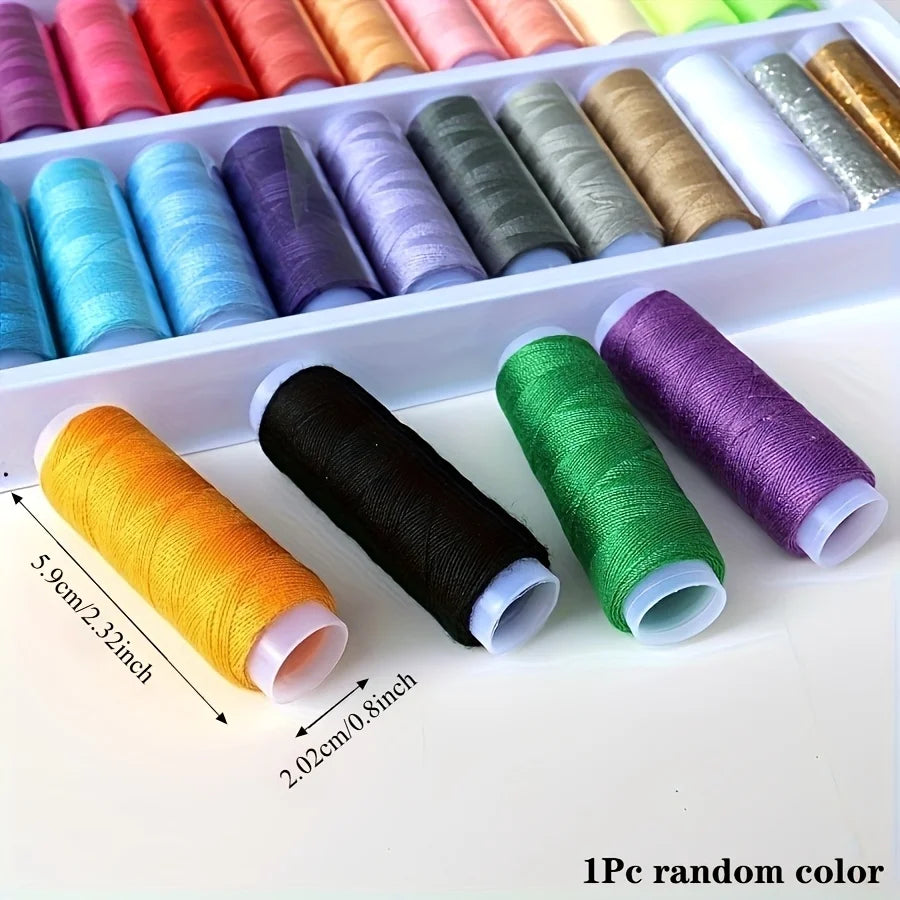 A collection of 12 rolls of colorful polyester sewing thread arranged in a white tray.