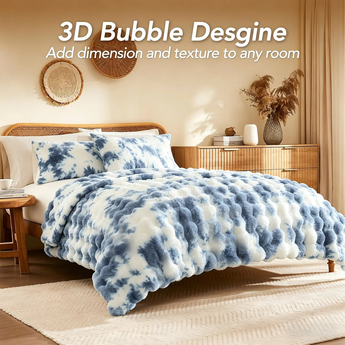 A fluffy blue and white faux fur bubble blanket is displayed on a bed with neutral decor.
