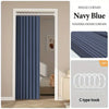 Navy blue folding door curtain with C-type hook shown in a doorway.