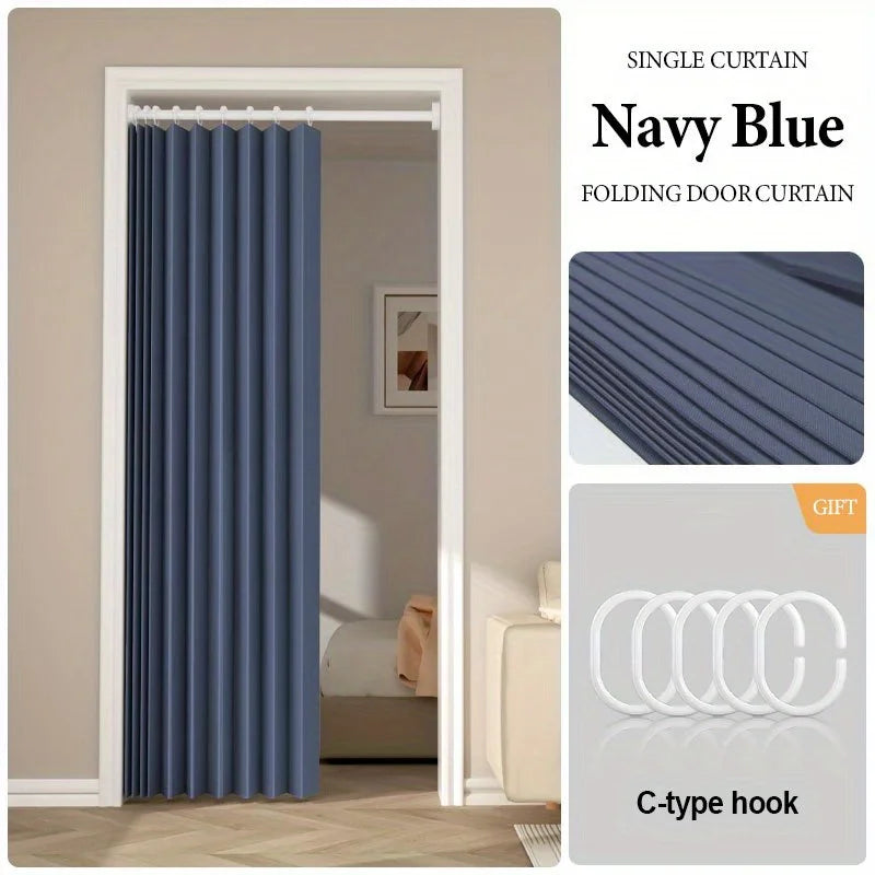 Navy blue folding door curtain with C-type hook shown in a doorway.