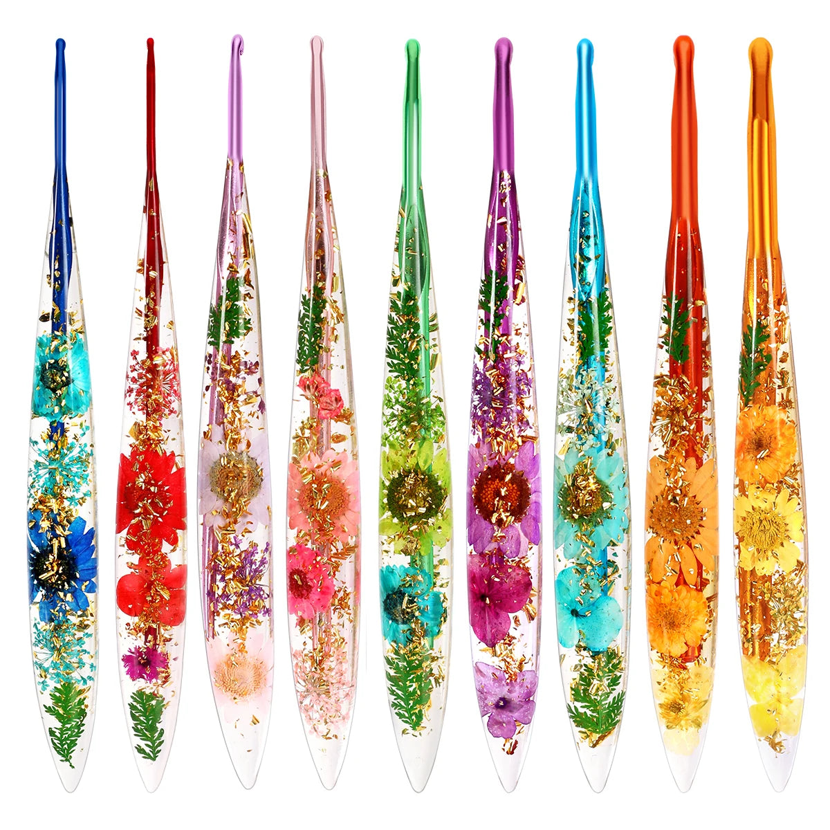 A set of ten floral patterned epoxy crochet hooks in various colors and designs.