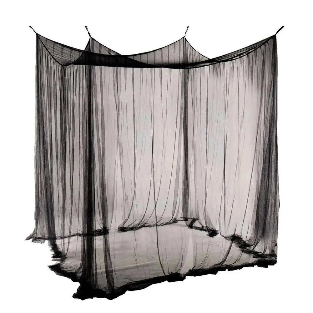 Large black mosquito net draped over a frame, suitable for outdoor use.