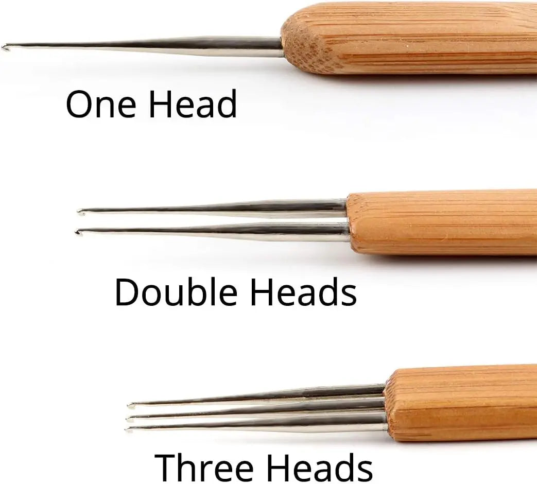 A set of wooden crochet hooks showing one, double, and three heads.