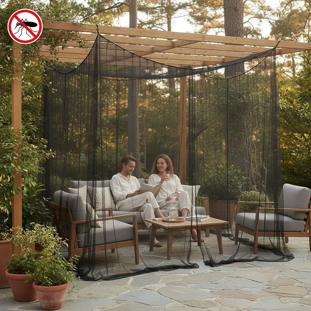 A large black mosquito net draped over a wooden frame, creating a screened area for an outdoor gazebo or patio.