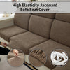 Close-up view of a beige jacquard sofa seat cover fabric texture and white elastic straps for furniture protection