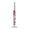 A silver crochet knitting hook with a colorful, floral-patterned handle.