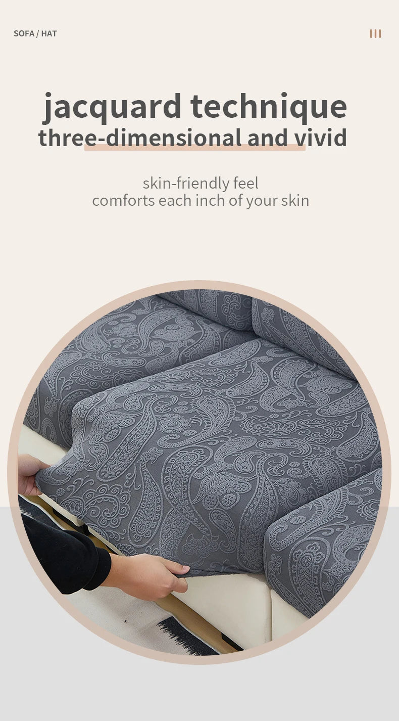 Close-up of a gray jacquard sofa cushion cover featuring an intricate, embossed pattern.