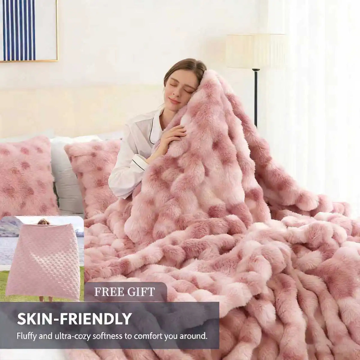 A pink faux fur rabbit blanket draped over a person in a bedroom setting.