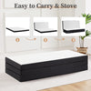 A tri-fold memory foam mattress shown in three folded configurations, demonstrating its easy to carry and stow feature.