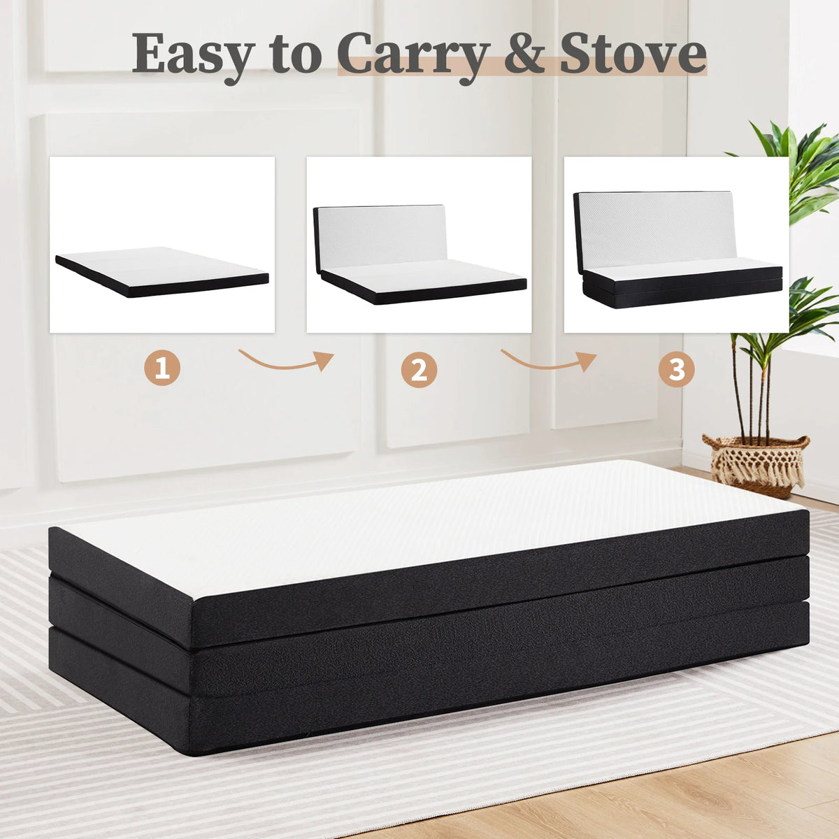 A tri-fold memory foam mattress shown in three folded configurations, demonstrating its easy to carry and stow feature.