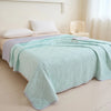 A light mint green quilted blanket is spread on a bed in a bright room.
