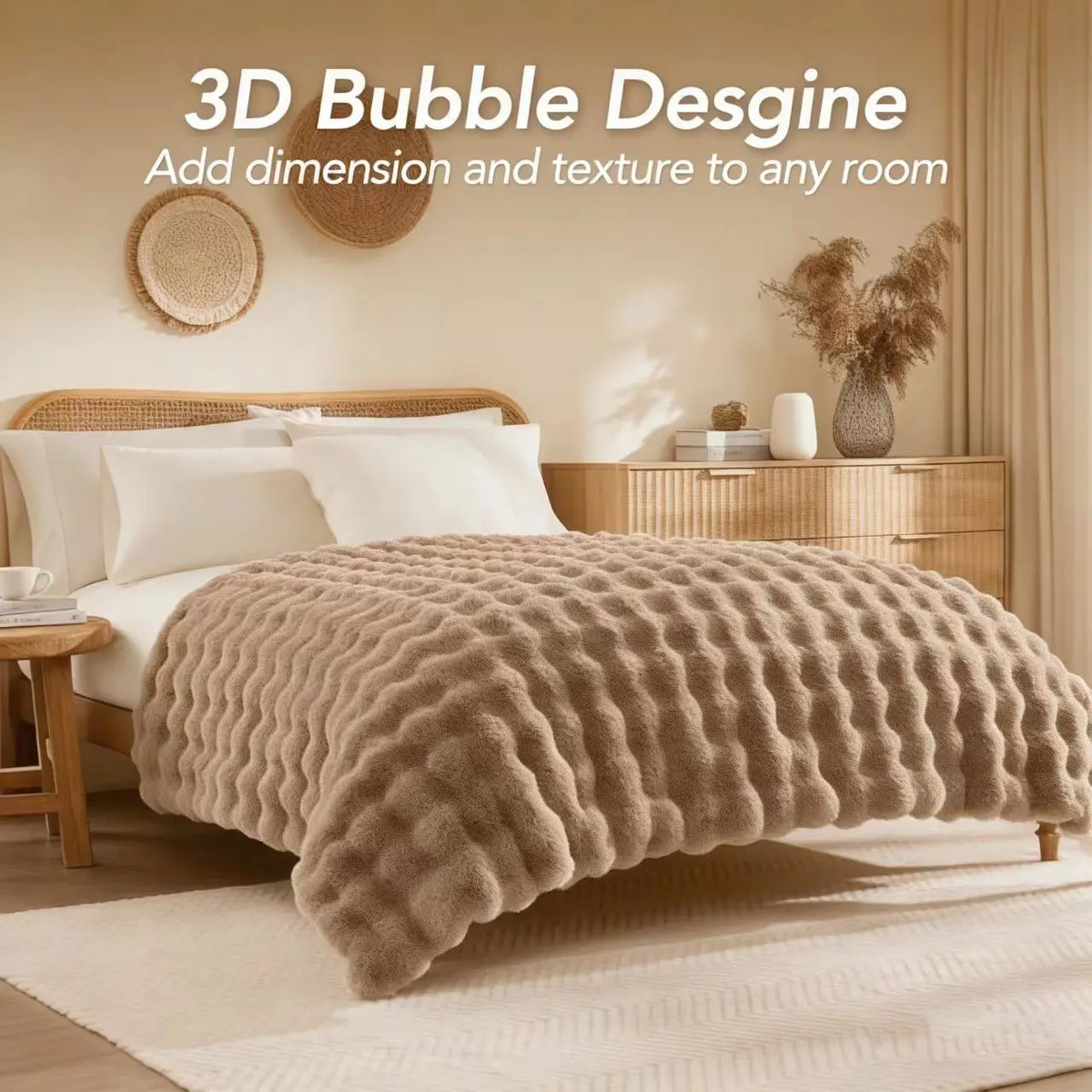 A cozy beige faux fur bubble blanket is draped over a bed, adding texture to the room.