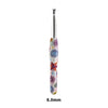 A close-up view of a silver crochet knitting hook with a colorful, floral-patterned handle.