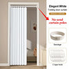 Elegant white folding door curtain shown hanging in a doorway with accompanying bandage and C-type hook.