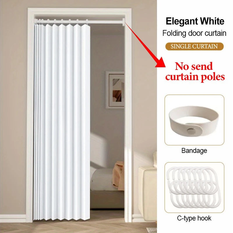 Elegant white folding door curtain shown hanging in a doorway with accompanying bandage and C-type hook.