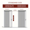 Diagram showing various standard sizes of folding privacy curtains for doors with dimensions in centimeters and inches.