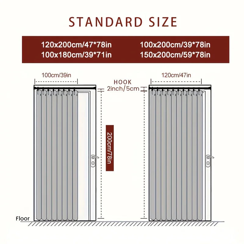 Diagram showing various standard sizes of folding privacy curtains for doors with dimensions in centimeters and inches.